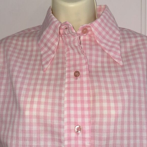 Vintage 70s Catherine Carr Pink & White Check Long Sleeve Polyester/Cotton Shirt - Picture 2 of 9